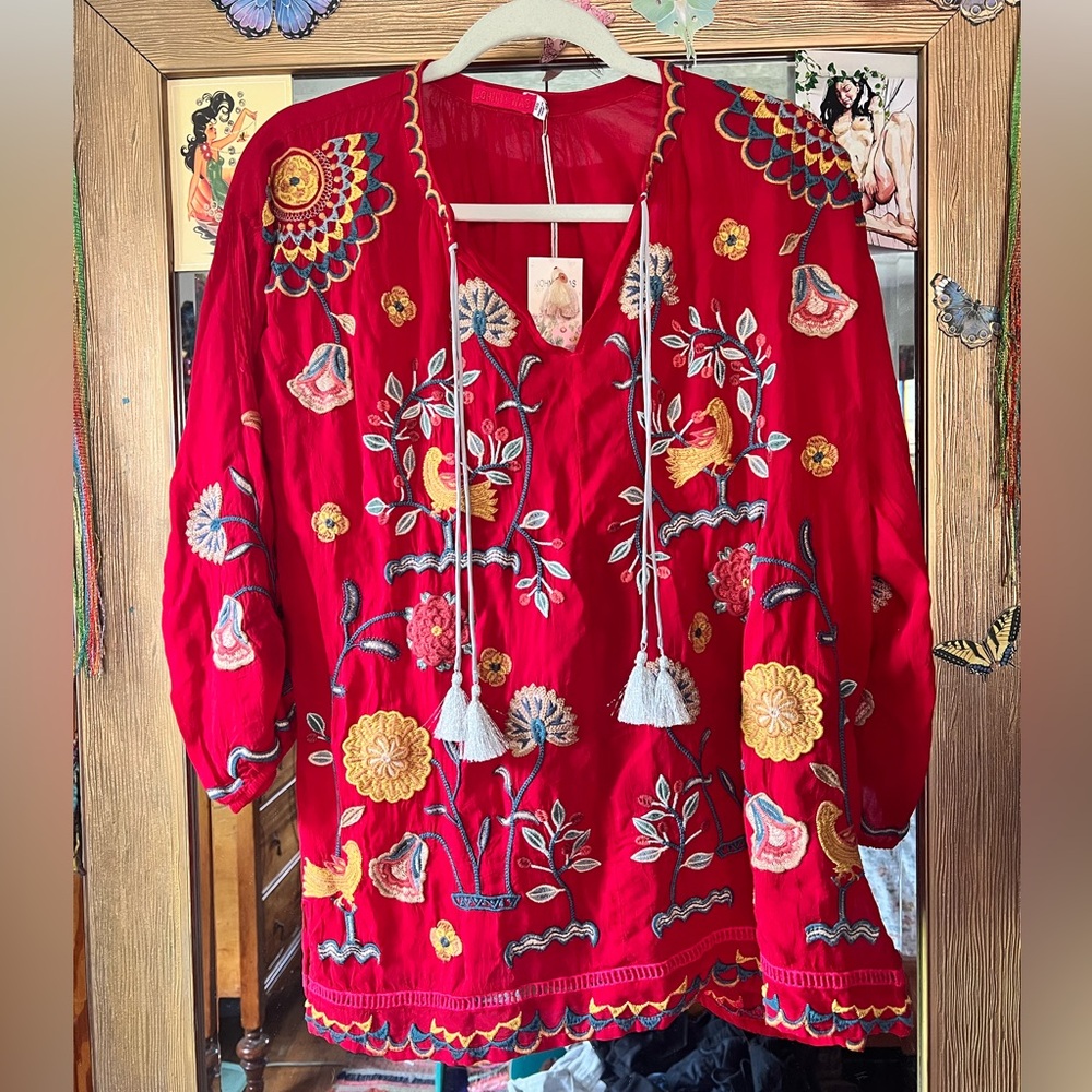 Johnny Was Red Embroidered Floral Bird Tunic with Tassels xss